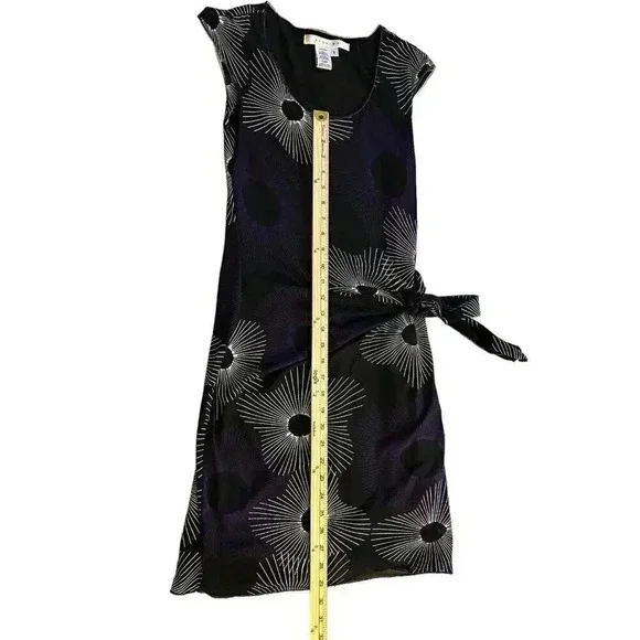 Studio M dress mini size Small black with white and purple print and side tie - Picture 7 of 16